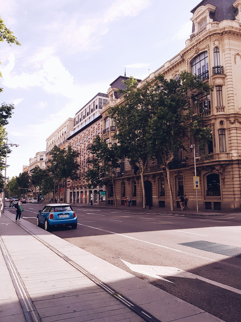 outdoors, day, incidental people, land vehicle, building, road marking, nature, 4K, transportation, plant, street, spain, madrid, city street, built structure