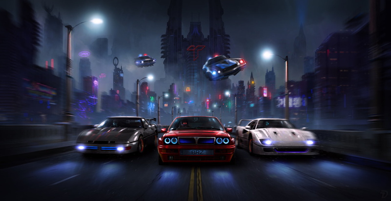 city, cyberpunk, motion blur, flying car, 1080P, street, racer, Headlights, car, night, police