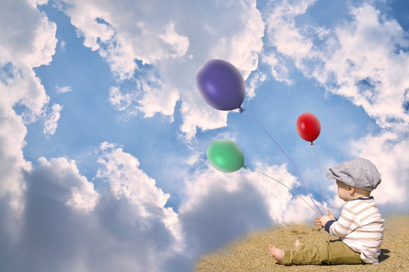 happy, day, cute, emotion, three, little kid, hat, joy, clothing, toys, balloons, balloons can fly, purple, play, one person, clouds, photo montage, positive emotion