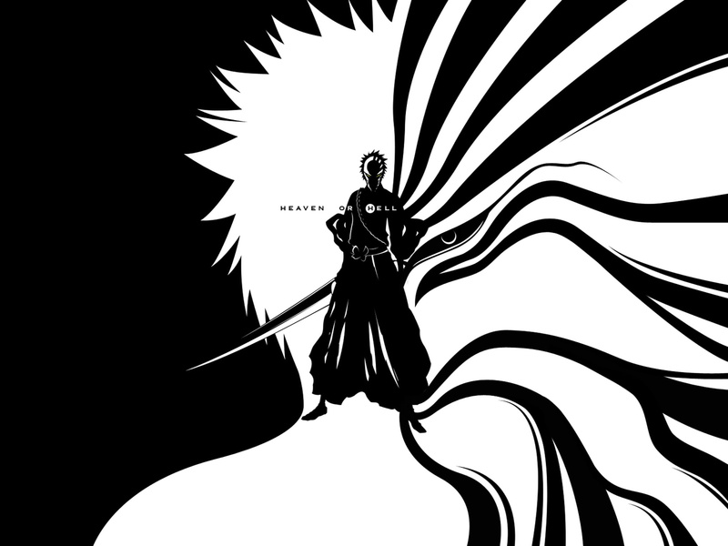 hell, ichigo, black, hd, art, black and white, x, 1080P, bleach, anime, kurosaki, heaven, white, hollow