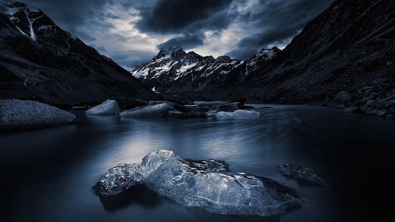 ice, landscape, aoraki, mountain, hooker glacier, new zealand, mountain range, environment, beauty in nature, snowcapped mountain, sky, atmosphere, mount cook