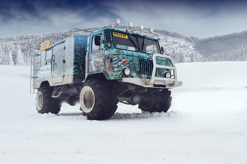 road, winter, snow, driving, truck, tuning, outdoors, transportation, day, gaz 66, frozen, sky, mode of transportation, non-Urban Scene, storm, field, land Vehicle