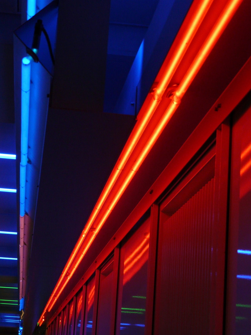 blue, Neon Lights, Lamps, transportation, ceiling, glowing, low angle view, built structure, lamps, night, red, pattern, reflection, 2K, luxury, Neon Light