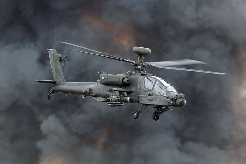 airplane, day, cloud - sky, 720P, mid-air, above, helicopter, on the move, military, transportation, outdoors, plane, Boeing AH-64 Apache, no people, fighter plane