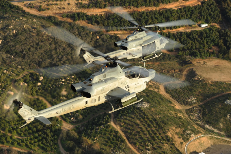USMC, high angle view, outdoors, aerospace industry, transportation, gray, day, airplane, environment, mode of transportation, two, Bell AH-1Z Viper, architecture