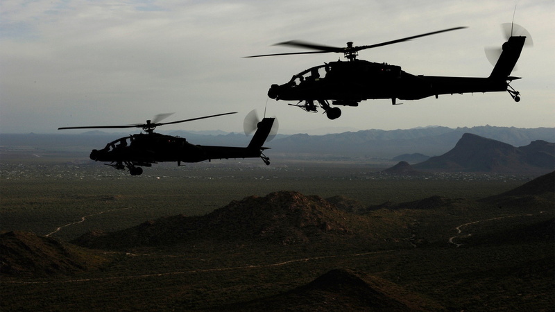 propeller, mid-air, outdoors, government, motion, mountain, military, Boeing AH-64 Apache, military aircraft, 1080P, on the move, helicopter, no people