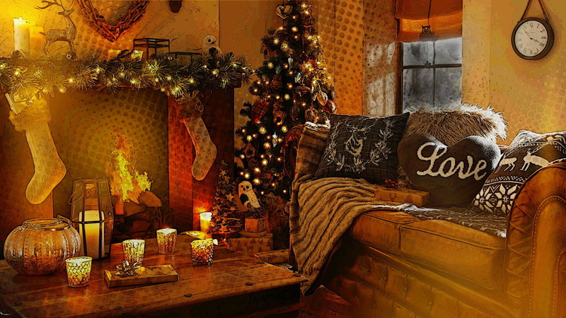 fire, holiday, holiday - event, chair, coffee, lights, furniture, christmas decoration, trees, christmas, illuminated, communication, sofa, celebration