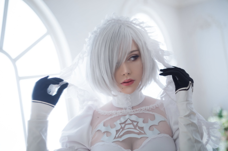 Nier: Automata, Sayathefox, short hair, white hair, 5K, women indoors, indoors, model, 2B (Nier: Automata), cosplay, women