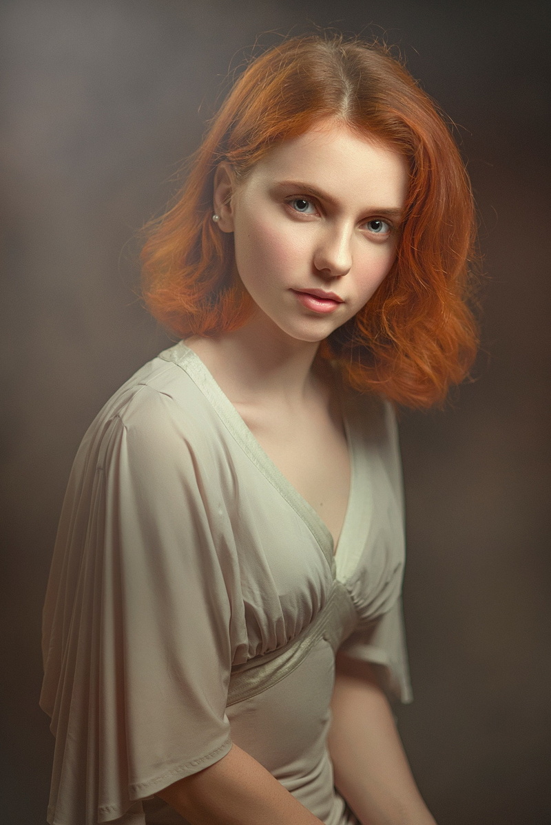 women, Pavel Cherepko, 1080P, redhead, portrait, simple background