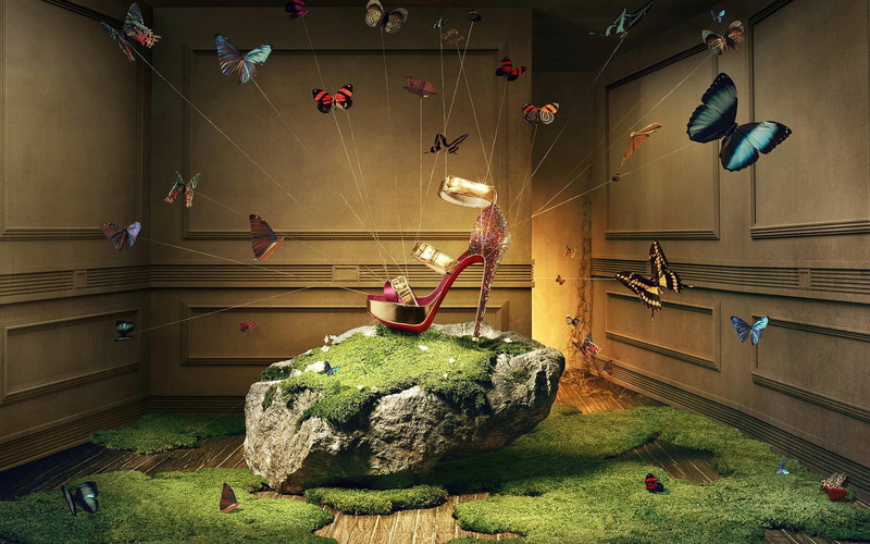 3d and abstract, shoes, grass, louboutin, 1080P, butterflies, christian