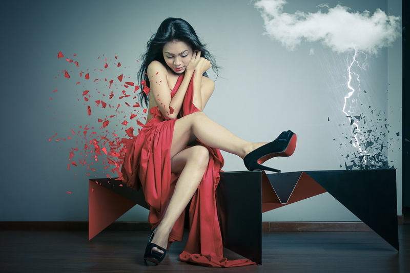 2K, Asian, sitting, dress, women, model, Louboutin