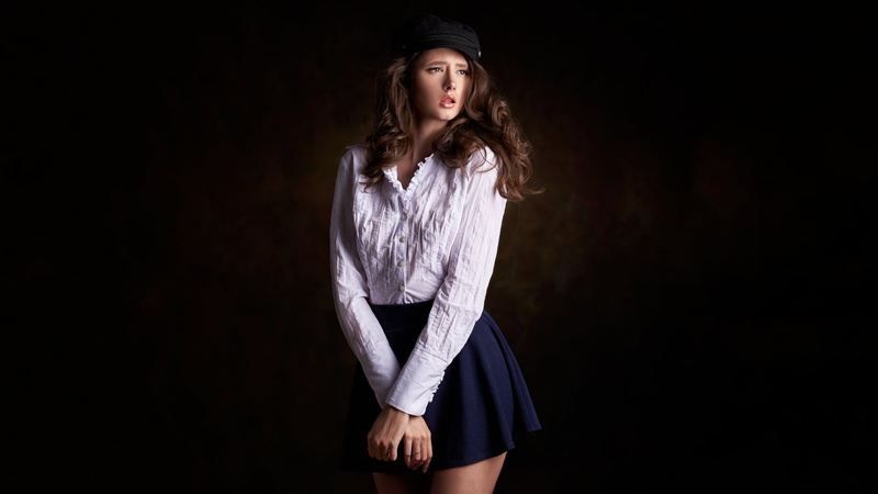 dark background, looking away, brown eyes, photography, standing, women, vignette, model, 2K, dark, white shirt, portrait, open mouth, berets, simple background