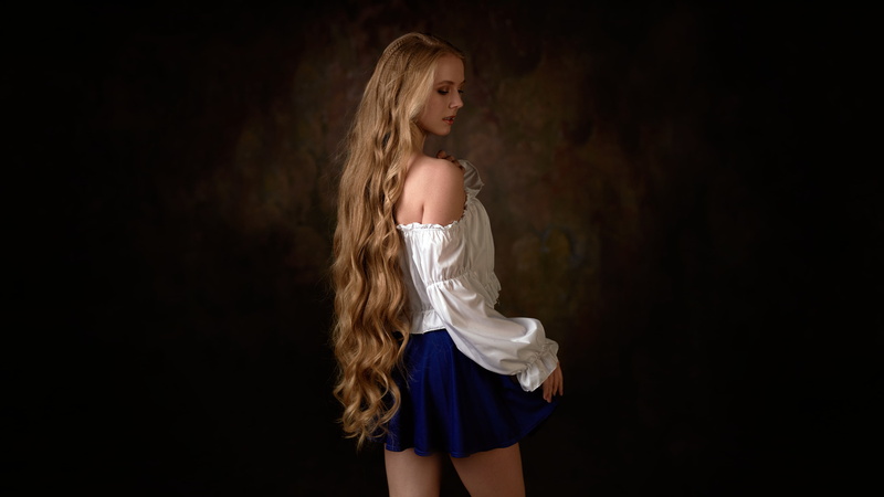 dark background, black, Max Pyzhik, dark, women, vignette, studio, white tops, long hair, bare shoulders, blonde, 4K, parted lips, model, profile, miniskirt