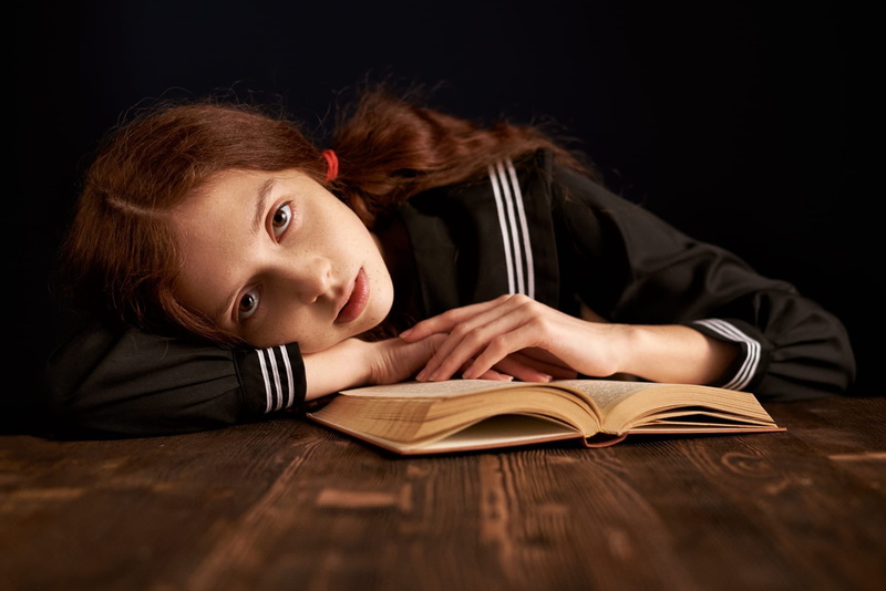 freckles, women, books, resting head, portrait, Max Pyzhik, pigtails, redhead, 1080P, looking at viewer, schoolgirl