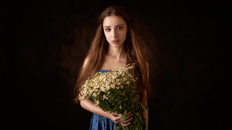 dark, dress, parted lips, portrait, Max Pyzhik, women, vignette, studio, brunette, 4K, looking at viewer, polka dots, brown eyes, 4K, flowers, model, Chamomile