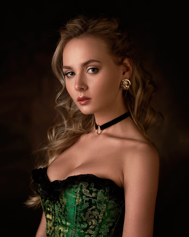 women, brunette, wavy hair, looking at viewer, dress, Max Pyzhik, makeup, Katya Khalpert, 1080P, long hair, choker, bare shoulders, simple background