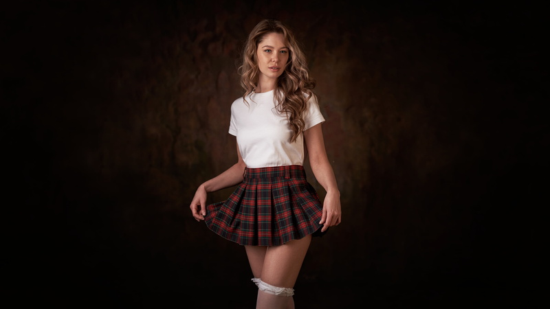 dark background, parted lips, looking at viewer, plaid skirt, T-shirt, brown, 4K, stockings, white stockings, miniskirt, black, portrait, Max Pyzhik, brunette