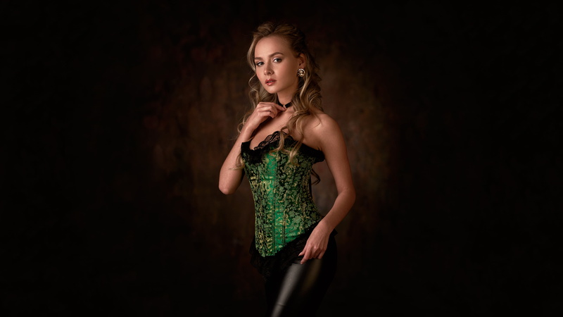 women, vignette, leather pants, looking at viewer, blonde, choker, 4K, cleavage, portrait, model, bare shoulders, 4K, Katya Khalpert, parted lips, corset