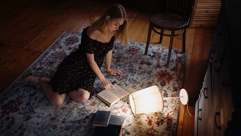 1080P, Sergey Fat, portrait, brunette, chair, bare shoulders, dress, carpets, lamp, indoors, Sergey Zhirnov, women, barefoot, on the floor, model, books