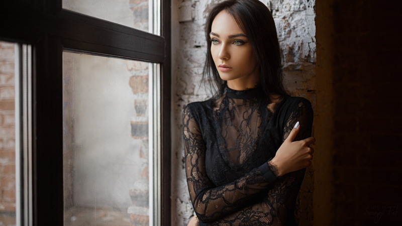 women, window, beauty, young women, waist up, hairstyle, front view, brick, door, looking away, beautiful woman, looking, standing, contemplation, portrait