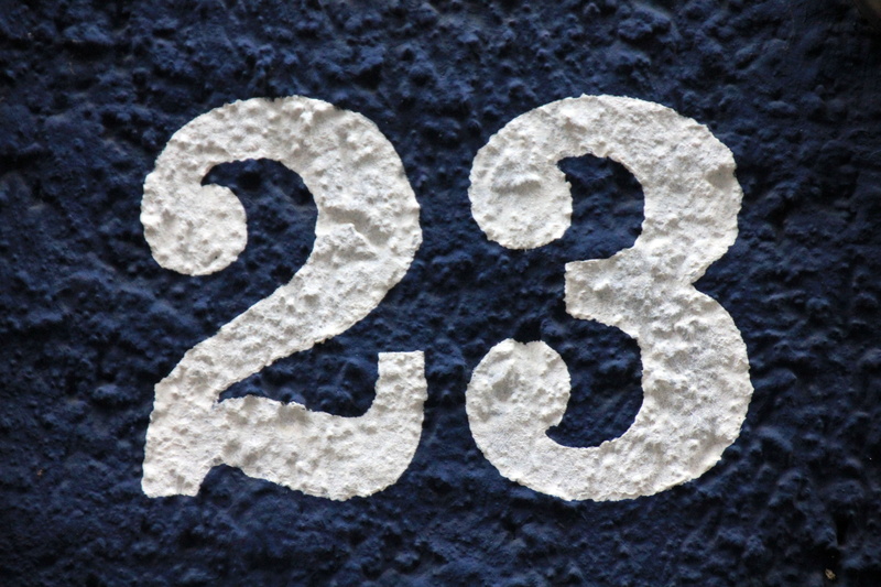 city, road, close-up, asphalt, transportation, blue, twenty three, outdoors, white color, sign, blue white, day, white, no people, surface, number, house number