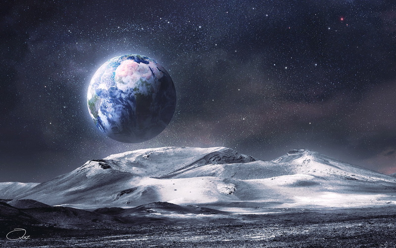 Earth, nature, 1080P, digital art, space, mountains, white, space art, stars, signatures