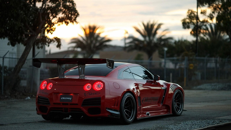 road, tree, toy car, r35, gtr, car, 1080P, transportation, outdoors, nissan, plant, sunset, city, luxury, land vehicle, red car, racing car, red, mode of transportation