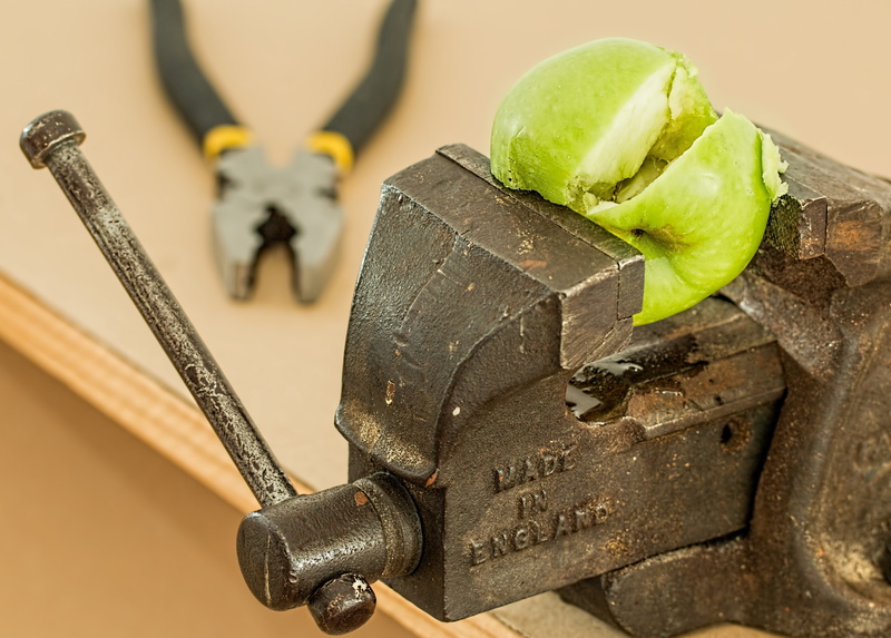 art and craft, focus on foreground, power, food, squash, tool, injury, black color, bench, green, crush, hand tool, squeezed, food and drink, black, indoors