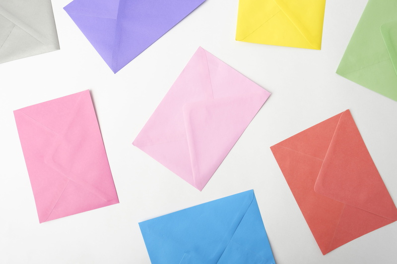 art and craft, creativity, office, studio shot, multi colored, envelopes, triangle shape, delivery, large group of objects, purple, pink color, 4K, blue
