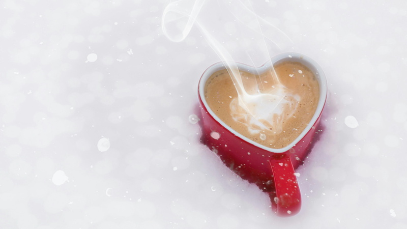 positive emotion, coffee, refreshment, 4K, snow, hot, drink, heart shape, red, coffe, emotion, frothy drink, coffee - drink, indoors, love, white, cup