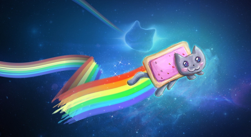 nyan, Fantasy, night, motion, cat, illustration, rainbow, blue, multi colored, star - space, 1080P, water, space, tail, long exposure, no people, vibrant color