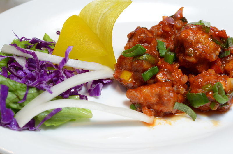 purple, sauce, gourmet, meal, snack, chicken, indoors, ready-to-eat, garnish, chicken manchurian dry, food, lunch, high angle view, dinner, no people, food and drink