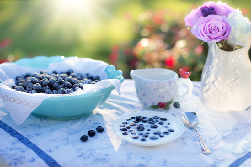 backgrounds, refreshment, table, yogurt, fruit, decoration, wellbeing, blue, crockery, wood - Material, close-up, kitchen utensil, breakfast, plant, cake