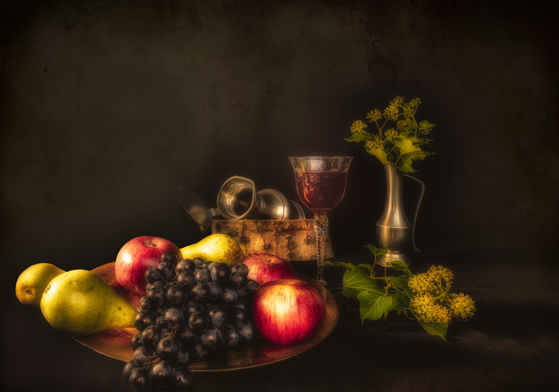 table, healthy eating, ivy, grape, plant, still lifes, 5K, glass of wine, apples, no people, indoors, still life, wellbeing, backgrounds, vase, black background
