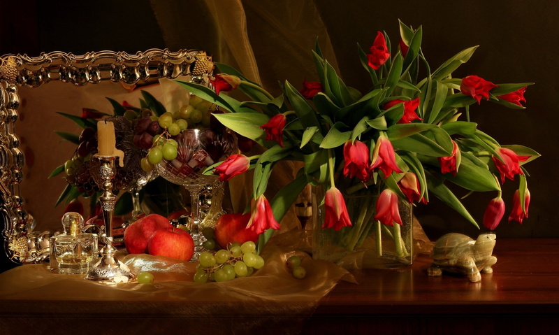 still life, flowers, vase, bouquet, apples, garnet, grapes, table, 2K, red, candle, mirror, tulips, tablecloth