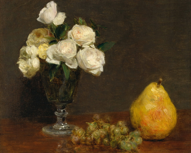 Still life with Roses and Fruit, vase, picture, pear, Henri Fantin-Latour, roses, grapes, 2K