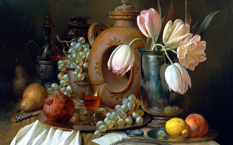 tulips, tableware, tray, letter, antonov, glass, life, magnifying, pears, grapes, vase, fruits, lemon, 1080P, alexei, envelope, knife, apricot, berries