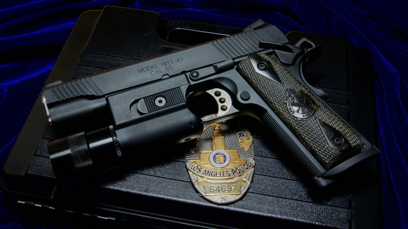 CAL. 45, weapon, badge, 1080P, M1911, gun, police