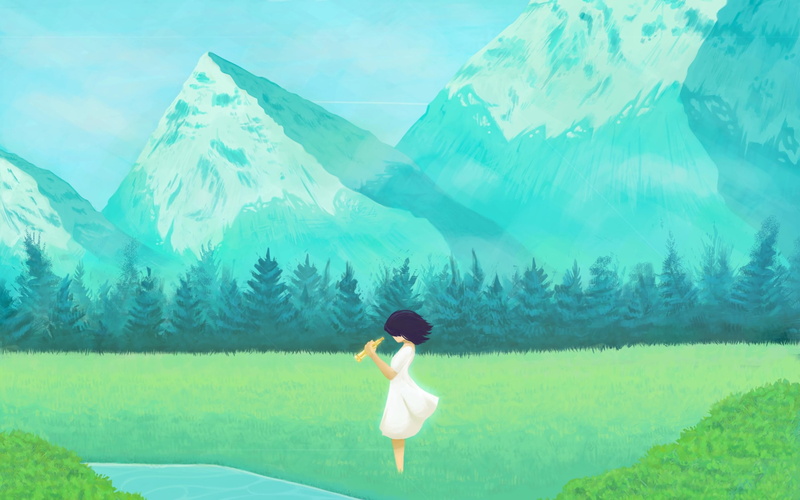green color, mountain, full length, artwork, lifestyles, grass, standing, leisure activity, plant, women, rear view, tranquility, real people, nature, Monstercat