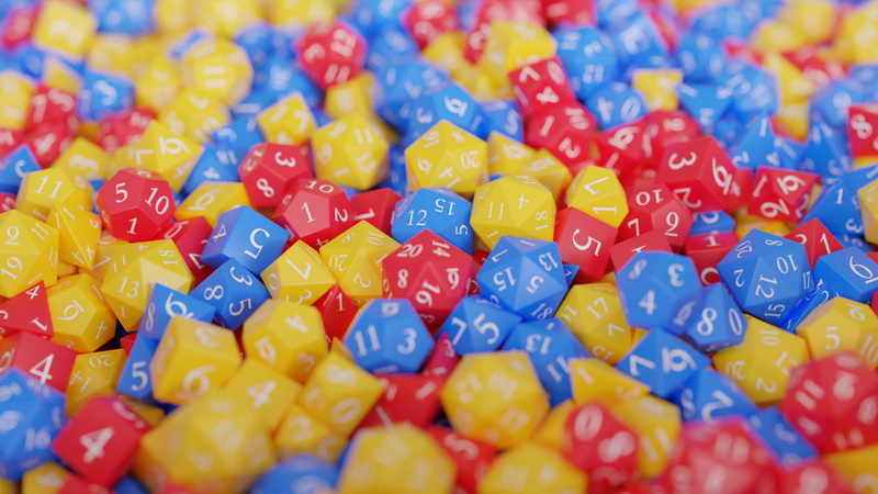 d20, primary colors, dice, Dungeons and Dragons, 1080P