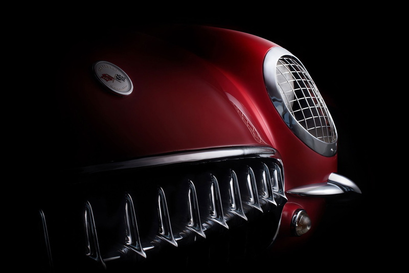 vehicle, car, chrome, land vehicle, indoors, red cars, dark, luxury, headlight, vintage car, reflection, studio shot, silver colored, 1954 (Year), mode of transportation