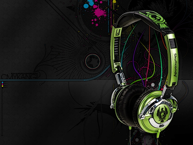 candy, black, green, skull, 720P, hd, headphones, corded, music