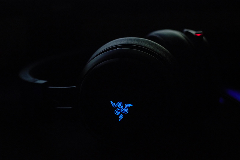 communication, food and drink, headphones, razer, sign, music, shape, black, close-up, no people, light, night, single object, lighting equipment, blue