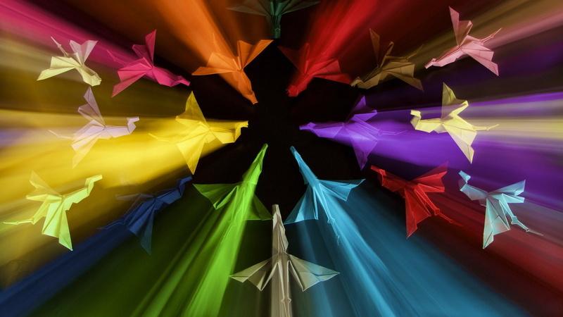light trails, warm colors, paper cranes, colorful, digital art, blurred, birds, 1080P, origami