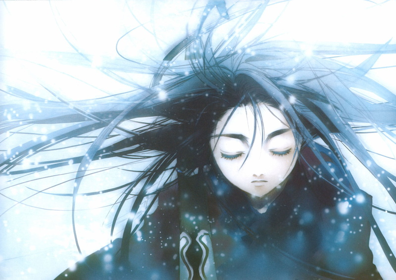 long hair, tousled hair, white, digital composite, headphones, outdoors, katana, blue, beauty, looking at camera, anime, real people, wind, young adult
