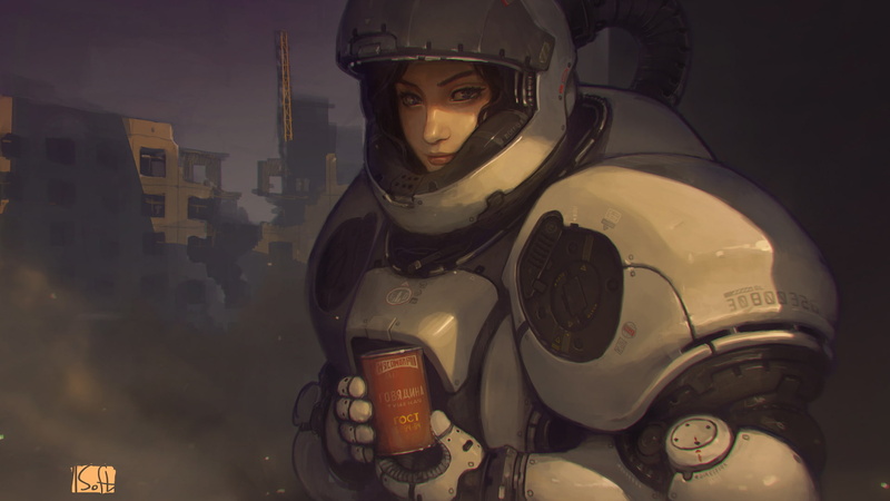 digital art, ruins, science fiction, space suit, women, Cyrillic, 1080P, drawing, futuristic armor