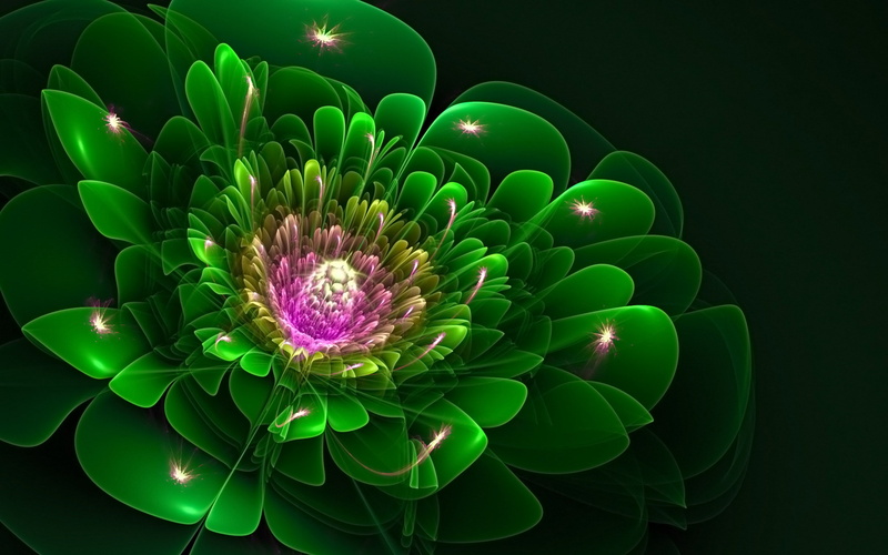 green, hd, fractal, purple, flower, 2K, abstract, petaled, illustration
