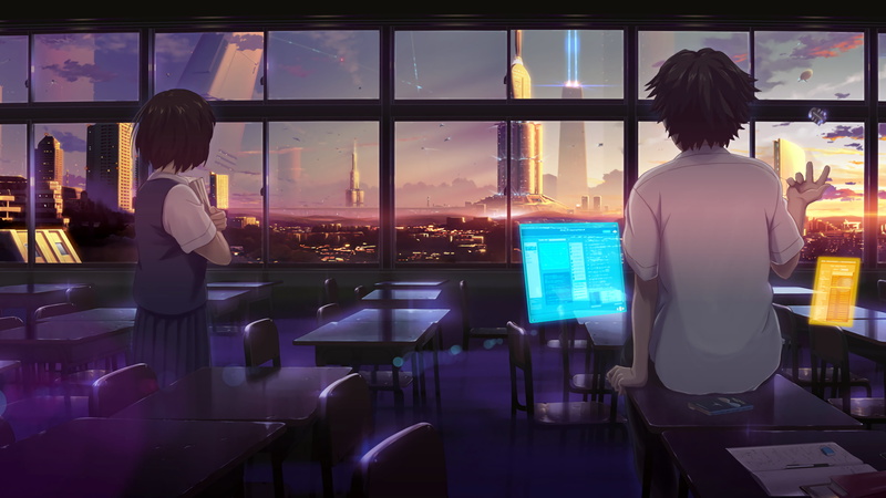 futuristic, classroom, artwork, city, hologram, 4K, sunset, skyscraper, science fiction, digital art