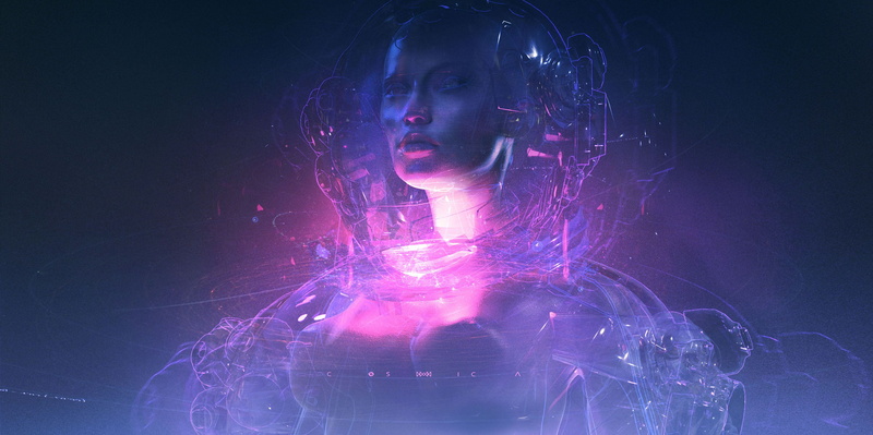 face, fantasy art, blue, hologram, purple, 2K