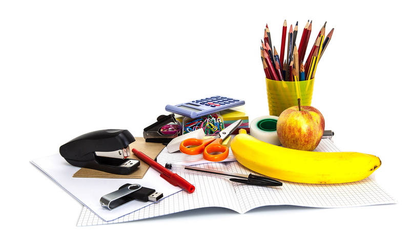 Scotch, fruit, stapler, eraser, Apple, clip, USB flash drive, calculator, pencils, paper, 2K, notebook, white background, banana, handle, scissors, the